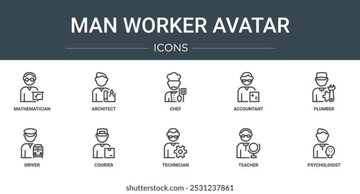 conjunto de 10 ícones do avatar do trabalhador da web do esboço como matemático, arquiteto, chef, contador, encanador, driver, ícones vetoriais do courier para o relatório, apresentação, diagrama, web design, aplicativo móvel