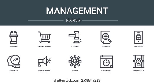Conjunto de 10 iconos de gestión de Web de esquema como tribuna, tienda en línea, martillo, búsqueda, negocios, crecimiento, iconos vectoriales de megáfono para informe, presentación, diagrama, Diseño web, App móvil
