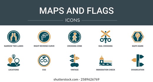 set of 10 outline web maps and flags icons such as narrow two lanes, right reverse curve, crossing zone, rail crossing, maps mark, locations, co2 vector icons for report, presentation, diagram, web