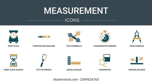 set of 10 outline web measurement icons such as shop scale, temperature measure, two dumbbells, chronometer running, open compass, sand clock almost finish, cuttin wrench vector icons for report,