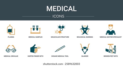 set of 10 outline web medical icons such as plasma, medical samples in test tubes couple, molecular structure, biological warning, medical doctor specialist, circular glasses, hurted finger with