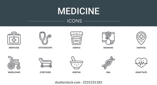 conjunto de 10 ícones de medicina web esboço como pasta, estetoscópio, amostra, baumano, hospital, cadeira de rodas, maca ícones vetoriais para relatório, apresentação, diagrama, web design, aplicativo móvel