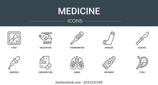 conjunto de 10 ícones de medicina web outline, como raio x, helicóptero, termômetro, inalador, bisturi, conta-gotas, ícones de vetor de prescrição para relatório, apresentação, diagrama, web design, aplicativo móvel