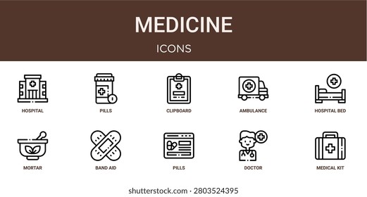 Set of 10 outline web Medicine icons such as medical kit, doctor, pills, band aid, mortar, hospital bed, ambulance vector icons for report, presentation, diagram, web design, mobile app
