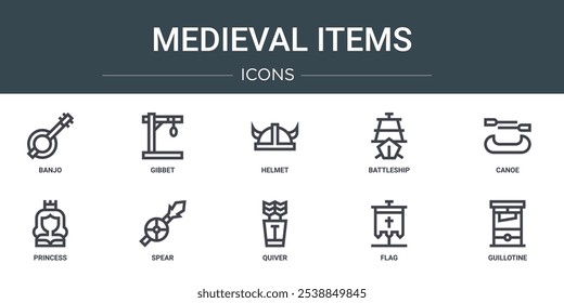 Conjunto de 10 iconos de elementos medievales de Web de contorno como banjo, gibbet, casco, acorazado, canoa, princesa, iconos de vector de lanza para informe, presentación, diagrama, Diseño web, App móvil