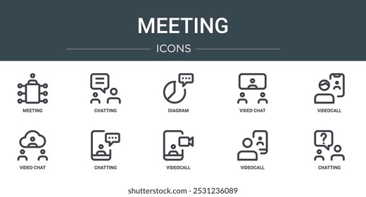 set of 10 outline web meeting icons such as meeting, chatting, diagram, video chat, videocall, video chat, chatting vector icons for report, presentation, diagram, web design, mobile app