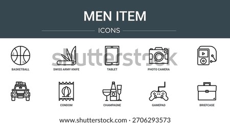 set of 10 outline web men item icons such as basketball, swiss army knife, tablet, photo camera,  ,  condom vector icons, sign and