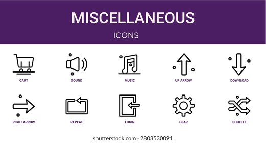 Set of 10 outline web Miscellaneous icons such as shuffle, gear, login, repeat, right arrow, download, up arrow vector icons for report, presentation, diagram, web design, mobile app