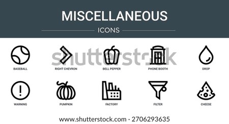 set of 10 outline web miscellaneous icons such as baseball, right chevron, bell pepper, phone booth, drop, warning, pumpkin vector icons, sign and symbols