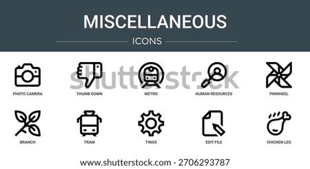 set of 10 outline web miscellaneous icons such as photo camera, thumb down, metro, human resources, pinwheel, branch, tram vector icons, sign and symbols