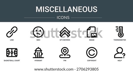 set of 10 outline web miscellaneous icons such as link, meh, up chevron, image, thermometer, basketball court, hydrant vector icons, sign and symbols