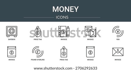 set of 10 outline web money icons such as safebox, price tag, invoice, invoice, yen, invoice, pound sterling vector icons, sign and symbols