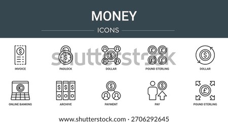 set of 10 outline web money icons such as invoice, padlock, dollar, pound sterling, dollar, online banking, archive vector icons, sign and symbols