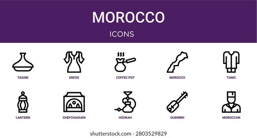 Set of 10 outline web Morocco icons such as moroccan, guembri, hookah, chefchaouen, lantern, tunic, morocco vector icons for report, presentation, diagram, web design, mobile app