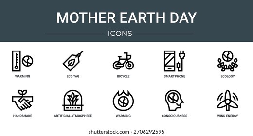 Satz von 10 Umriss Web Mutter Erde Tag Symbole wie Erwärmung, Öko-Tag, Fahrrad, Smartphone, Ökologie, Handshake, künstliche Atmosphäre, Vektorsymbole, Zeichen und Symbole