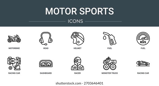 conjunto de 10 delinear web motor ícones de esportes como motocicleta, cabeça, capacete, combustível, carro de corrida, dashboard ícones de vetor, sinal e símbolos
