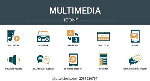 set of 10 outline web multimedia icons such as multimedia, boom box, translate, web log in, mailed, speakers volume, chat speech bubbles vector icons for report, presentation, diagram, web design,