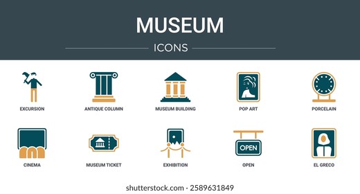 set of 10 outline web museum icons such as excursion, antique column, museum building, pop art, porcelain, cinema, museum ticket vector icons for report, presentation, diagram, web design, mobile