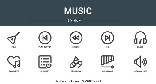 set of 10 outline web music icons such as folk, play button, rewind, end, music, favourite, playlist vector icons for report, presentation, diagram, web design, mobile app