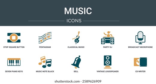 set of 10 outline web music icons such as stop square button, pentagram, classical music, party dj, broadcast microphone, seven piano keys, music note black vector icons for report, presentation,