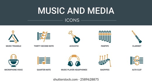 set of 10 outline web music and media icons such as music triangle, thirty second note rest, acoustic, panpipe, clarinet, microphone voice recording, quarter note vector icons for report,