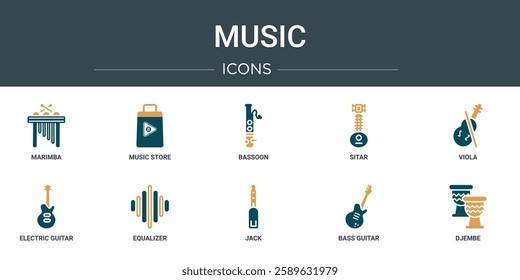 set of 10 outline web music icons such as marimba, music store, bassoon, sitar, viola, electric guitar, equalizer vector icons for report, presentation, diagram, web design, mobile app