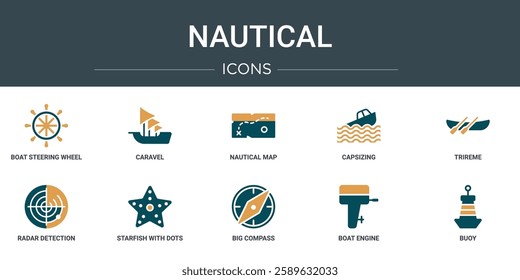 set of 10 outline web nautical icons such as boat steering wheel, caravel, nautical map, capsizing, trireme, radar detection, starfish with dots vector icons for report, presentation, diagram, web