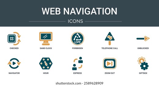 set of 10 outline web web navigation icons such as checked, sand clock, forbbiden, telephone call, unblocked, navigator, hour vector icons for report, presentation, diagram, web design, mobile app