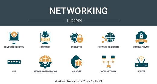 set of 10 outline web networking icons such as computer security, spyware, encrypted, network conection, virtual private network, hub, network optimization vector icons for report, presentation,