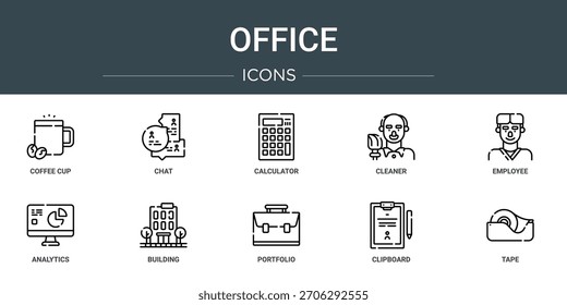 set of 10 outline web office icons such as coffee cup, chat, calculator, cleaner, employee, analytics, building vector icons, sign and symbols