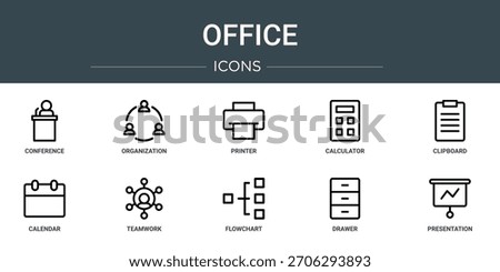 set of 10 outline web office icons such as conference, organization, printer, calculator, clipboard, calendar, teamwork vector icons, sign and symbols