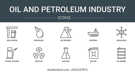 set of 10 outline web oil and petroleum industry icons such as gas station, biological, oil refinery, shipping, molecules, petrol station, recycle vector icons for report, presentation, diagram, web