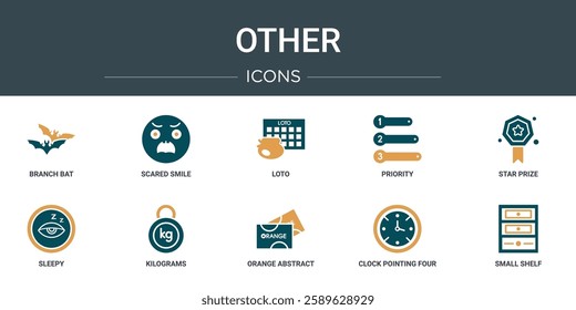 set of 10 outline web other icons such as branch bat, scared smile, loto, priority, star prize, sleepy, kilograms vector icons for report, presentation, diagram, web design, mobile app