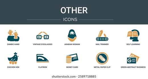 set of 10 outline web other icons such as zambie hand, vintage eyeglasses, arabian woman, nail trimmer, self learning, chichen hen, flatiron vector icons for report, presentation, diagram, web