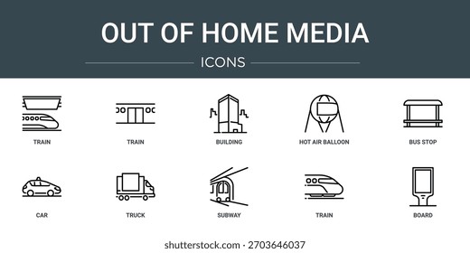 Conjunto de 10 Web de contorno fuera de los íconos de los medios caseros como tren, tren, edificio, globo de aire caliente, parada de autobús, coche, camión, iconos vectoriales, signo y símbolos