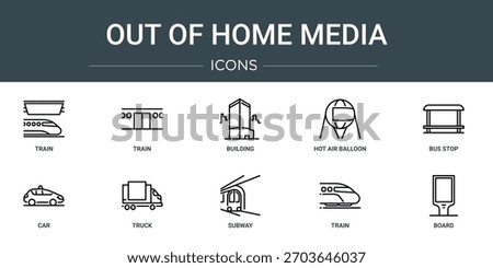 set of 10 outline web out of home media icons such as train, train, building, hot air balloon, bus stop, car, truck vector icons, sign and symbols