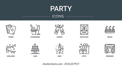 conjunto de 10 ícones de web party de estrutura de tópicos, como pôquer, champanhe, cheers, convite, lanche, guirlandas, ícones de vetor bolo para relatório, apresentação, diagrama, web design, aplicativo móvel