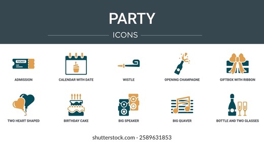 set of 10 outline web party icons such as admission, calendar with date, wistle, opening champagne bottle, giftbox with ribbon, two heart shaped balloons, birthday cake vector icons for report,