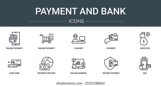 Conjunto de 10 esquemas de pago de Web e íconos bancarios como pago en línea, pago en línea, cajero, inversor, brillo de tarjeta, método de iconos vectoriales para informe, presentación, diagrama, Diseño web, App móvil