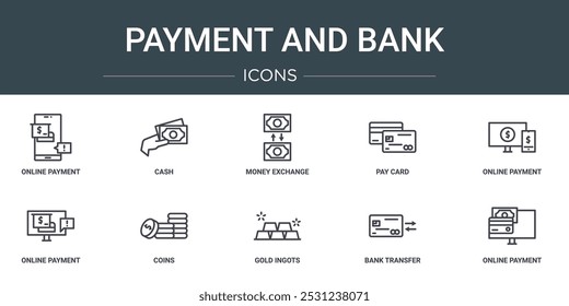 Conjunto de 10 esquemas de pago de Web e íconos bancarios como pago en línea, efectivo, intercambio de dinero, tarjeta de pago, pago en línea, iconos vectoriales de monedas en línea para informe, presentación, diagrama, Diseño web, móvil