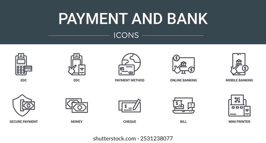 Conjunto de 10 esquemas de pago de Web e íconos bancarios como EDC, EDC, método de pago, banca en línea, banca móvil, pago seguro, dinero vector iconos para informe, presentación, diagrama, Diseño web,