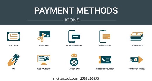 set of 10 outline web payment methods icons such as voucher, cut card, mobile payment, mobile card, cash money, pay, web payment vector icons for report, presentation, diagram, web design, mobile