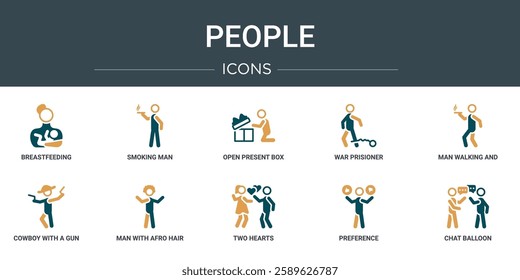 set of 10 outline web people icons such as breastfeeding, smoking man, open present box, war prisioner, man walking and smoking, cowboy with a gun, man with afro hair style vector icons for report,