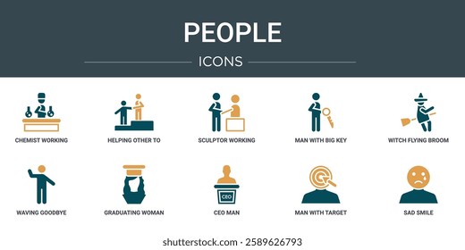 set of 10 outline web people icons such as chemist working, helping other to jump, sculptor working, man with big key, witch flying broom, waving goodbye, graduating woman vector icons for report,