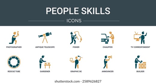 set of 10 outline web people skills icons such as photographer, antique telescope, fisher, chauffer, tv correspondent, rescue tube, gardener vector icons for report, presentation, diagram, web