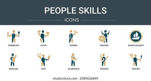 set of 10 outline web people skills icons such as sommelier, actor, barber, rescuer, round sailboat, musician, poet vector icons for report, presentation, diagram, web design, mobile app