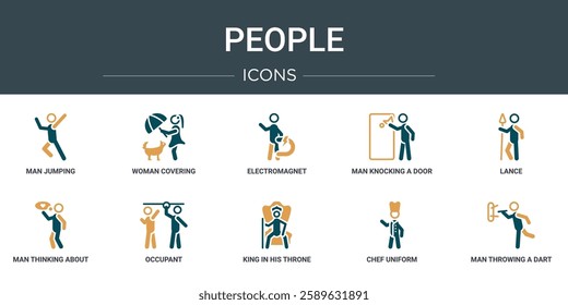 set of 10 outline web people icons such as man jumping, woman covering, electromagnet, man knocking a door, lance, man thinking about love, occupant vector icons for report, presentation, diagram,
