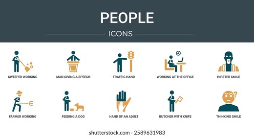 set of 10 outline web people icons such as sweeper working, man giving a speech, traffic hand, working at the office, hipster smile, farmer working, feeding a dog vector icons for report,