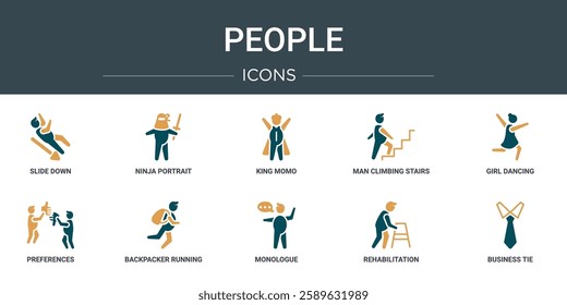 set of 10 outline web people icons such as slide down, ninja portrait, king momo, man climbing stairs, girl dancing, preferences, backpacker running vector icons for report, presentation, diagram,