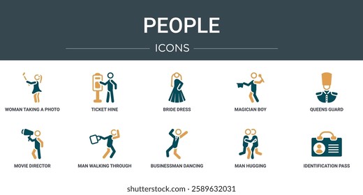 set of 10 outline web people icons such as woman taking a photo, ticket hine, bride dress, magician boy, queens guard, movie director, man walking through the wind vector icons for report,